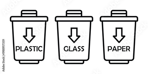 Waste sorting and recycling bin icon set for plastic, glass, and paper in minimalist line art style
