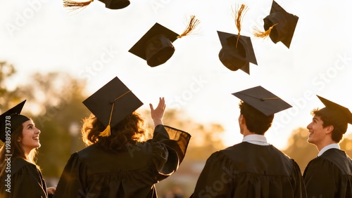 Graduation ceremony with students wearing caps seen from behind, throwing hats in the air