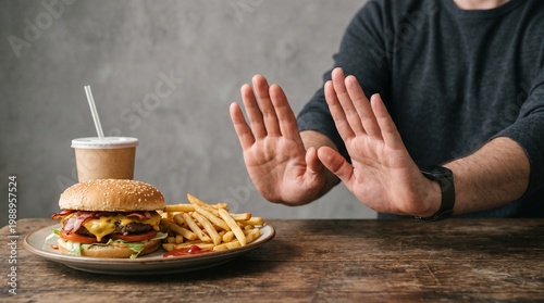 Refusing unhealthy fast food meal including french fries and a burger with a drink on the table, diet