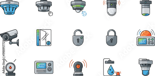 Security system vector icons showing cameras, sensors, alarms, locks, control panels, and monitoring devices for safety protection