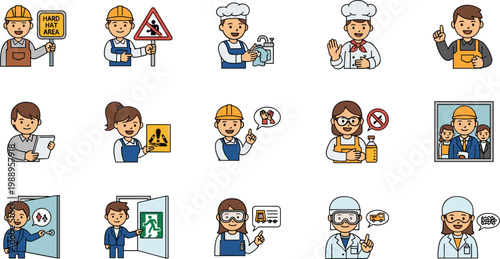Workplace safety cartoon icons showing protective gear, hygiene practices, hazard warnings, emergency exits, and professional conduct
