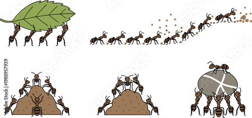 Teamwork vector icons showing ants carrying leaves, building mounds, transporting objects, and cooperating in collective effort