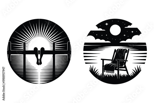 Couple on pier at sunset and rocking chair with bat silhouette at night vector