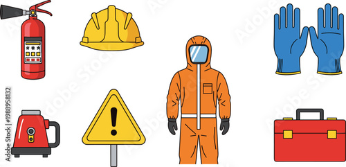 Workplace safety vector icons showing protective equipment, fire extinguisher, hard hat, gloves, hazmat suit, toolbox, and caution signs