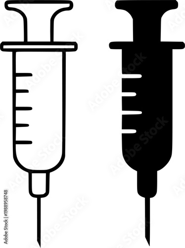 Syringe minimalist icon in outline and silhouette design, isolated on transparent background