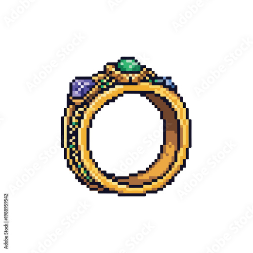 A golden ring crafted in a pixel art style featuring a central emerald gemstone surrounded by smaller purple jewels on a white background.
