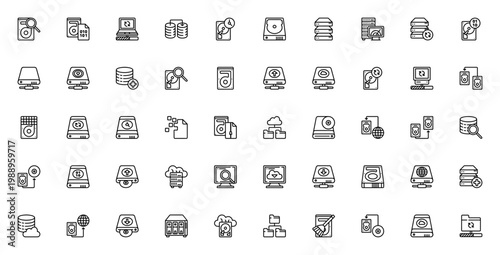 Data recovery icon set. Vector icons pack featuring harddisk, database, cloud, sync, computer, monitor, folder, speedometer and more. Editable stroke.