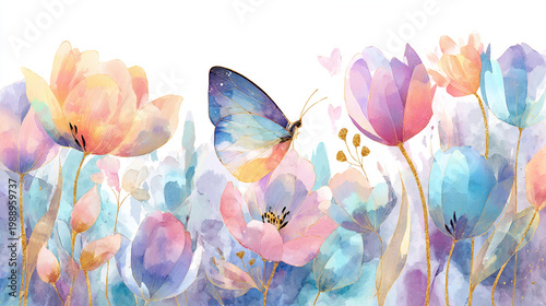 watercolor botanical butterfly and flowers texture template background.Elegant wedding invitation card background . Minimal hand painted Design for wedding or Valentine's Day