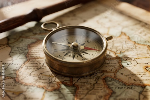 Antique brass compass resting on an old map with visible geographical details and a wooden pointer nearby