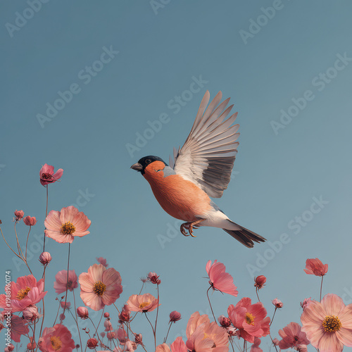 bullfinch comes to life through augmented reality soaring gracefully in sky among ultrabright flowers