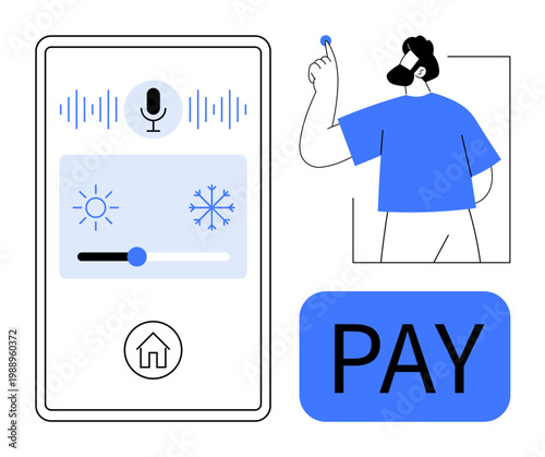 Smart home automation, digital security, contactless payment, IoT interfaces, voice technology, and user experience design. A smartphone displaying smart controls and a user executing payment. Smart