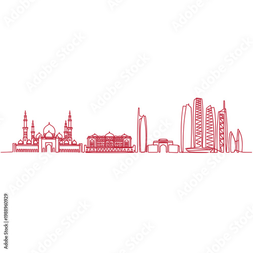 Dubai City Skyline Line Art, Red Silhouette of Famous Landmarks