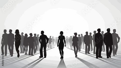 A minimalist vector illustration of a crowd of people walking in a modern urban environment