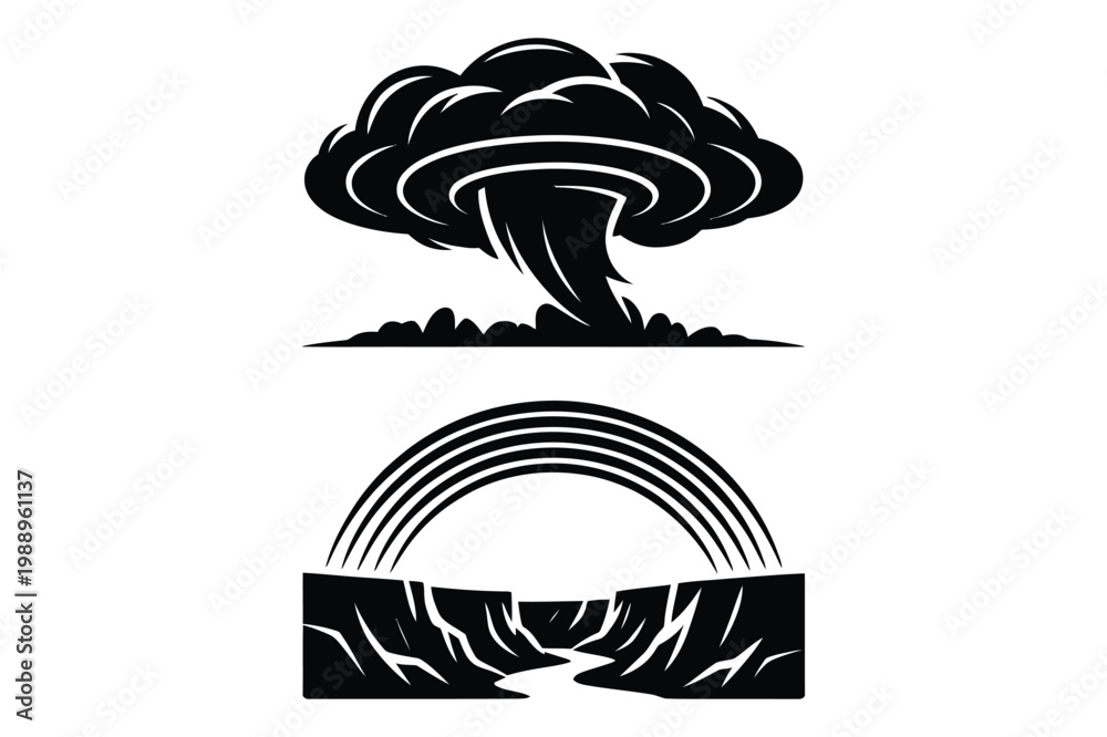 Fototapeta premium Mushroom cloud and rainbow over a canyon river in contrasting vector