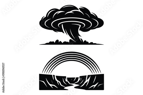 Mushroom cloud and rainbow over a canyon river in contrasting vector