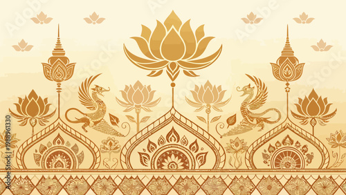 A serene and elegant vector graphic of a Thai-inspired temple design with lotus flowers and mythical creatures