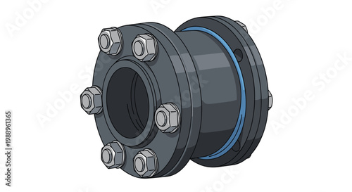 Robust industrial pipe flange coupling features prominent metallic bolts and a thin blue gasket ring rendered in a clean vector illustration style.