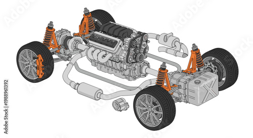 Comprehensive automotive chassis diagram showcases the intricate suspension system and exhaust pipes with striking orange spring coils on a pristine white surface.