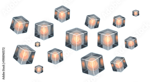 Multiple translucent grey ice cubes containing vibrant glowing orange cores float across a pristine white background under soft diffused studio lighting.