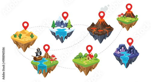 A series of diverse floating islands representing different biomes are connected by a dotted path with red location pins on a pristine white background.