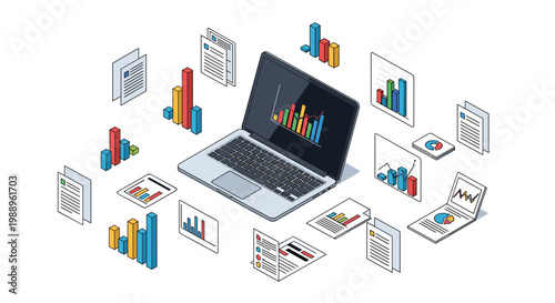 A modern silver laptop displays a colorful line graph while surrounded by vibrant multi-colored three dimensional bar charts and floating circular pie charts.