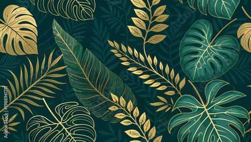 A vibrant tropical leaf pattern with gold and green hues