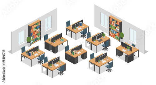 Detailed isometric office floor plan showcases multiple wooden workstations with grey partitions and tall bookshelves arranged in a spacious professional room.