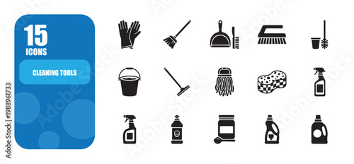 Comprehensive collection of essential cleaning tools and supplies presented as versatile silhouette icons for home, janitorial, and maintenance applications