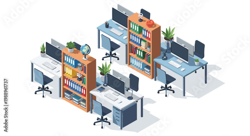 Meticulous isometric office layout features blue workstations and orange bookshelves packed with colorful binders under bright and even professional lighting.