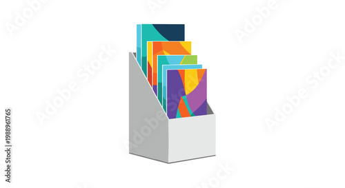 A pristine white cardboard magazine holder displays several vibrant brochures featuring bold abstract geometric patterns in a clean and minimalist studio setting.