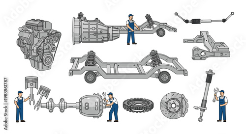 Meticulous mechanics in blue overalls assemble and inspect various grey automotive components including engines and chassis against a clean white background.
