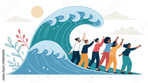 A group of people standing together and riding a large wave