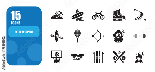Dynamic collection of vector icons for diverse sports and outdoor adventures, encompassing extreme activities, team games, and individual athletic pursuits