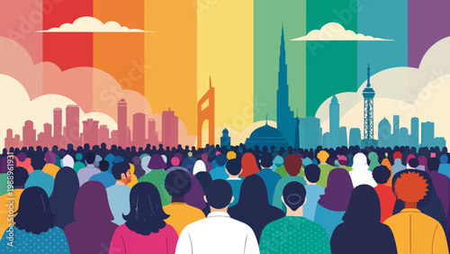 A vibrant illustration of a diverse crowd facing a colorful cityscape with rainbow hues