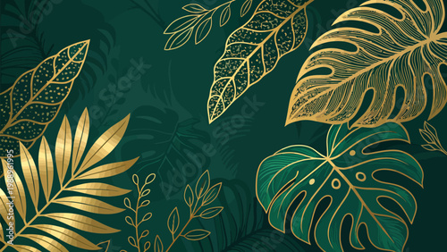 A vibrant green and gold leaf pattern design with tropical foliage