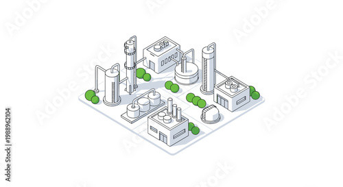 A pristine isometric technical drawing showcases a complex industrial refinery facility featuring multiple storage cylinders and intricate pipelines.