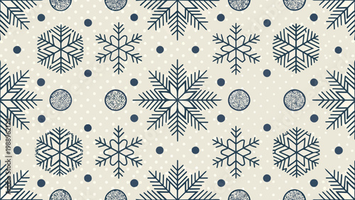 A festive winter seamless pattern featuring snowflakes and dots on a beige background