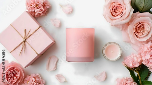 Soft pink gift box and candle surrounded by roses and petals on white background relaxing spa concept