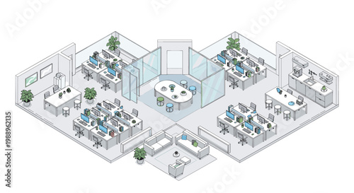 A comprehensive isometric architectural floor plan reveals a modern corporate office environment complete with workstations and glass conference rooms.