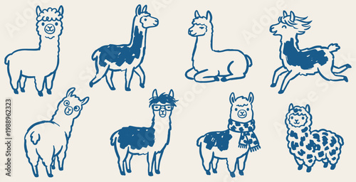 A collection of cute, hand-drawn alpacas in various poses and expressions, rendered in a simple blue line art style on a cream background.