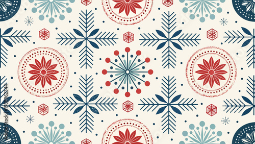 A colorful winter seamless pattern featuring snowflakes and flowers in a festive design