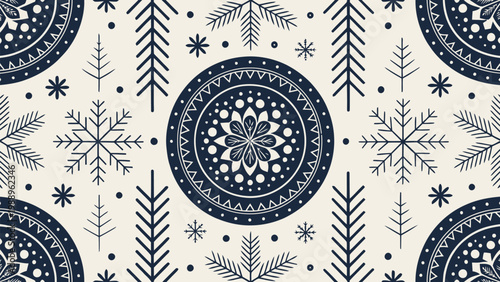 A festive winter seamless pattern featuring snowflakes and circular designs