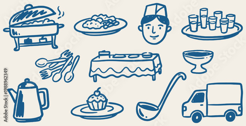 Collection of hand-drawn food and catering service icons, including a buffet, chef, drinks, and delivery truck.