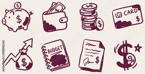 Collection of hand-drawn icons representing financial concepts like savings, budgeting, and wealth accumulation.