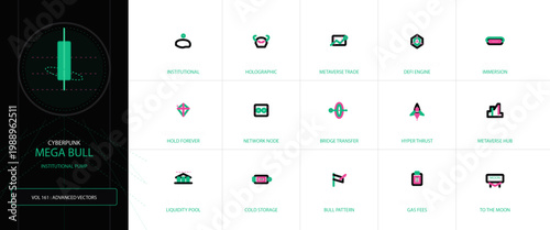Mega Bull institutional vector icons set for blockchain and futuristic financial concepts
