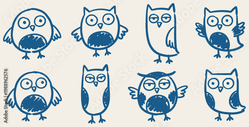 A collection of eight cute, hand-drawn cartoon owls with different expressions and body shapes.