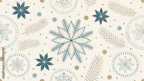 A festive winter seamless pattern featuring snowflakes and leaves in a minimalist design