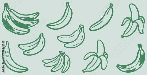 A collection of hand-drawn banana illustrations in various stages of ripeness and peeling, set against a light blue background.