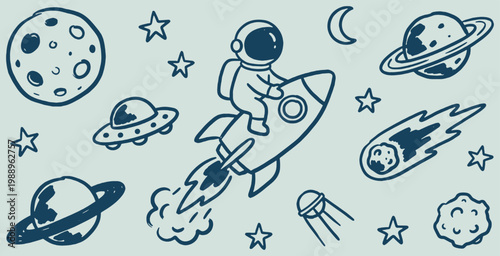 Whimsical doodle illustration of an astronaut riding a rocket through outer space, surrounded by planets, stars, and UFOs.