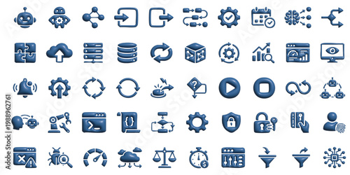 Autonomous AI agent workflow automation soft 3D icons.